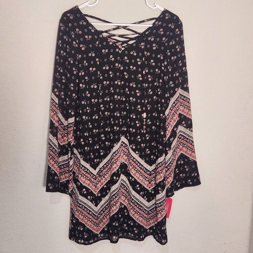 Xhilaration Floral Boho Dress Womens Large Bell Sleeve Criss Cross Mini NWT